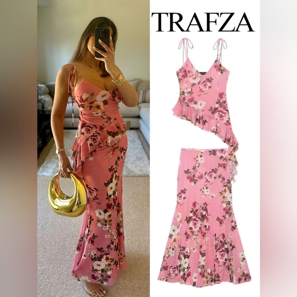 SET NWT ZARA PRINTED TULLE MAXI SKIRT AND TOP Pink Floral Size Small